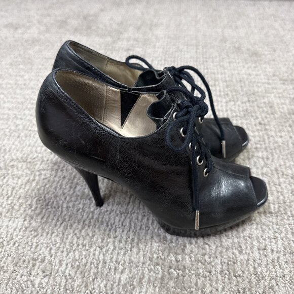 Michael Kors Heels Black Leather Lace Up Women's Size 7.5 Peep Toe - Picture 1 of 11
